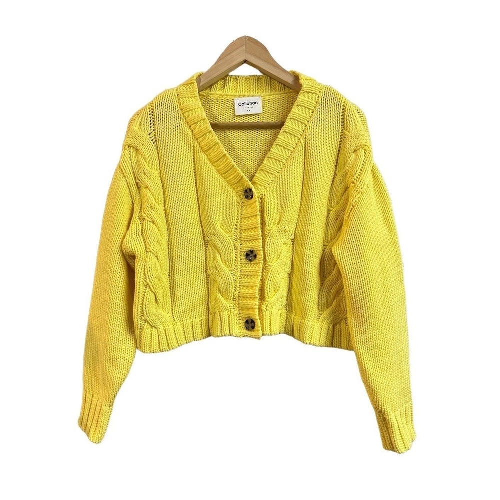Callahan Knitwear Yellow Cable Knit‎ Cropped Cardigan Sweater Womens XS